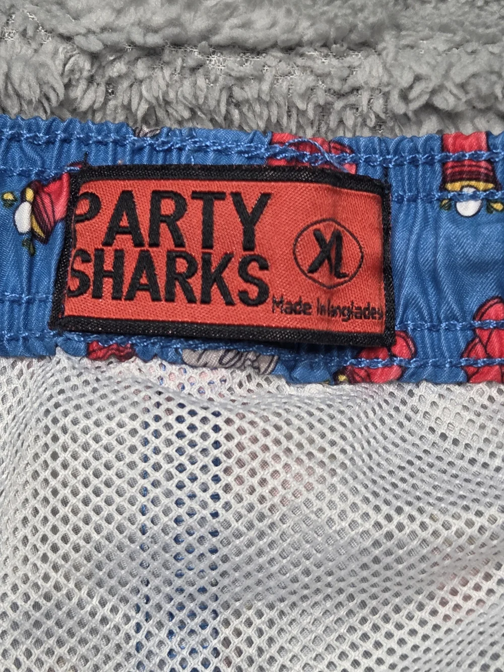 Party Sharks Swim Trunks Men's Blue Printed Swim Trunks with Fun Red Cup Pattern - Picture 8 of 9
